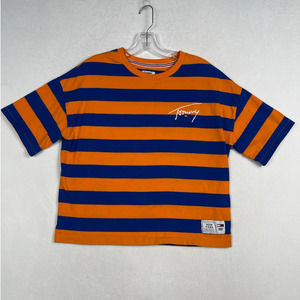 Retro Tommy Hilfiger Orange & Blue Stripes Oversized Short Sleeve Crop Top SMALL